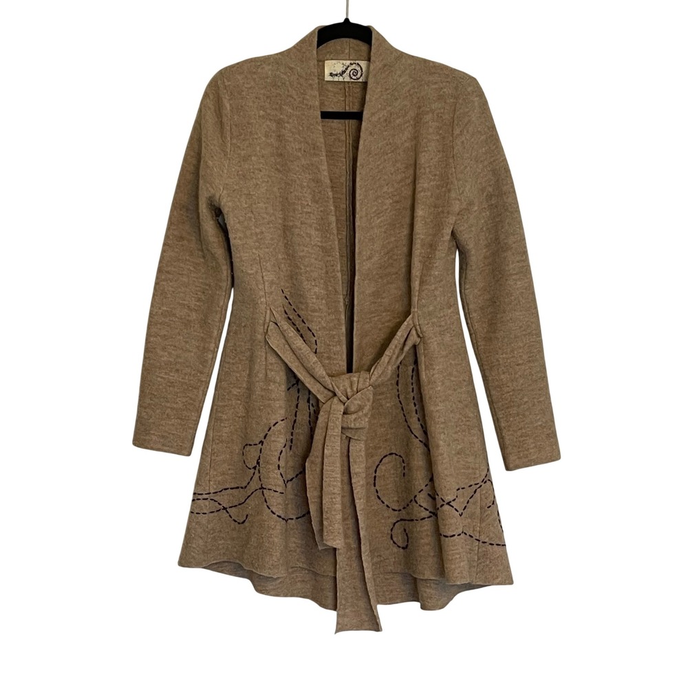 Rosie Neira‎ Anthropologie Wool Wrap Cardigan Tan Embroidered Tie Waist XS